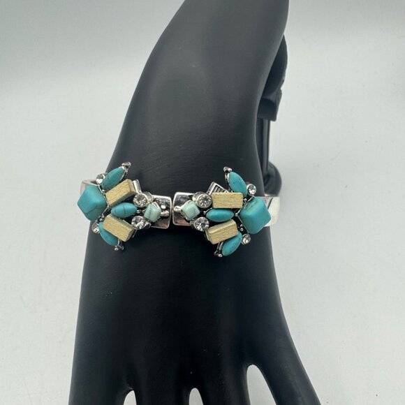 Vintage Turquoise & Silver Tone Hinged Bracelet With Rhinestone Accents - Picture 2 of 4